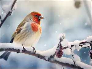 Śnieg, Zima, Gałęzie, Ptak