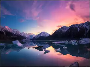 Lód, Nowa Zelandia, Góry, Zachód słońca, Jezioro, Góra Cooka, Park Narodowy Góry Cooka, Tasman Lake