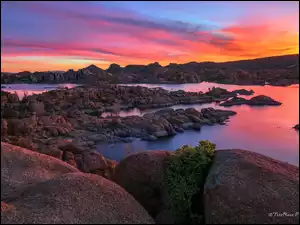 Skały, Jezioro, Stany Zjednoczone, Wschód słońca, Arizona, Prescott, Watson Lake