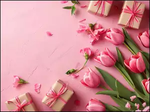 Cztery małe pudełka z prezentami i tulipany na różowym tle