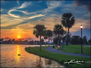 Domy, Floryda, Latarnia, Zachód słońca, Palmy, Park Challenger Lakeside, Royal Palm Beach, Stany Zjednoczone, Jezioro
