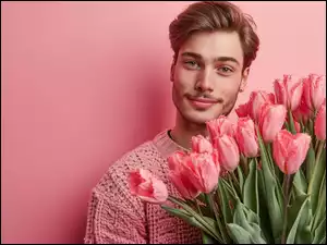 Bukiet, Tulipany, Kwiaty, Mężczyzna, Różowe