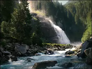Drzewa przy skalnym wodospadzie Krimml Waterfall w Austrii