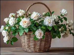Bukiet białych róż w wiklinowym koszu