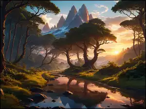 Drzewa, Grafika, Rzeka, Góry, Wschód słońca