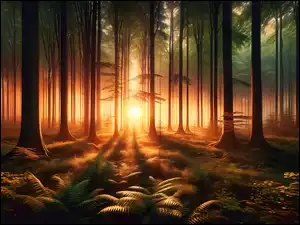 Paprocie w lesie oświetlone promieniami słońca