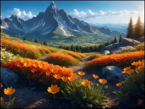 Grafika, Góry, Chmury, , Kwiaty, Promienie słońca, Łąka, Drzewa