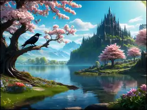 Ptak, Góry, Różowe, Kwiaty, Wieże, Drzewa, Grafika, Jezioro