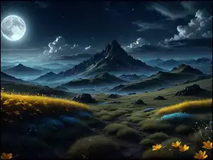 Wzgórza, Noc, Góry, Grafika, Księżyc, Kwiaty, Łąka