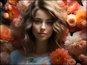 Kwiaty, Kobieta, Blondynka, Twarz