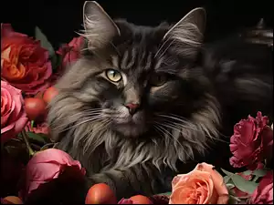 Róże, Kot, Ciemny, Zbliżenie