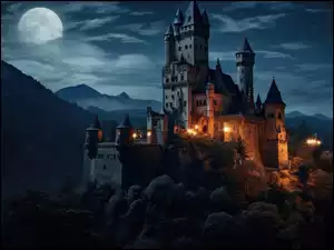 Oświetlony zamek w tle góry i księżyc