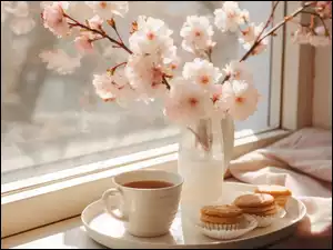 Kwitnące gałązki w wazonie obok filiżanki i ciasteczek na tacy przy oknie