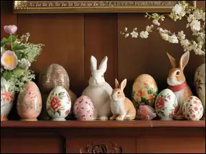 Pisanki i figurki królików obok wazonów z kwiatami i kwitnącymi gałązkami