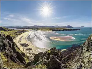 Plaża, Irlandia, Morze, Promienie słońca, Hrabstwo Donegal, Wybrzeże, Skały, Półwysep Malin Head