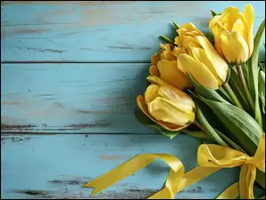 Żółte, Tulipany, Deski, Kwiaty, Kokarda, Wstążka, Bukiet