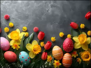 Żonkile, Wielkanoc, Pisanki, Tulipany