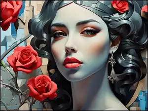 Czerwone, 2D, Kobieta, Czarnowłosa, Róże