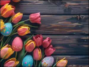 Pisanki pomiędzy kolorowymi tulipanami na ciemnych deskach
