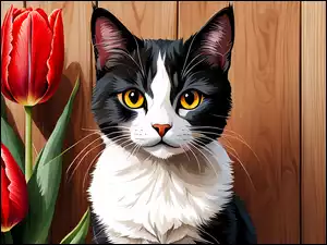 Kot, Tulipany, Czarno-biały, Grafika, Czerwone