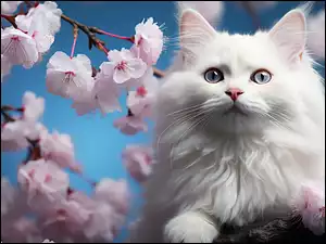 Biały, Kot, Gałęzie, Grafika, Drzewo, Kwiaty