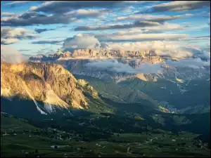 Seceda, Góry, Włochy, Szczyt, Chmury, Dolina, Dolomity
