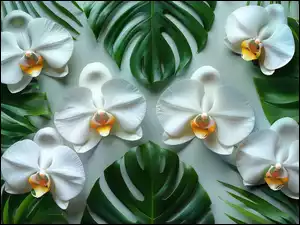 Białe, Liście, Orchidea, Storczyki, Kwiaty