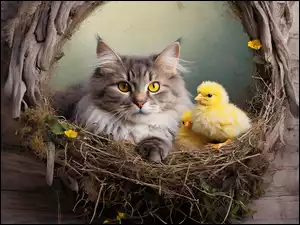 Dwa kurczaki z kotem w ptasim gnieździe