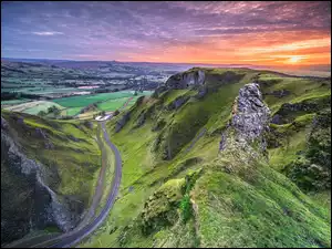 Derbyshire, Park Narodowy Peak District, Wschód słońca, Anglia, Winnats Pass, Przełęcz, Góry