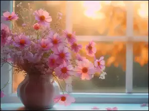 Różowe kwiaty kosmosu w wazonie przy słonecznym oknie