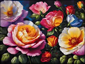 Grafika, Róże, Kolorowe, Kwiaty