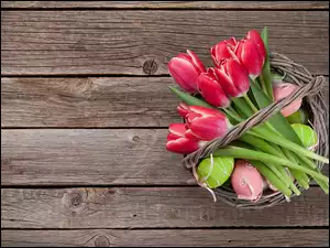 Czerwone tulipany na pisankach w koszyku na deskach