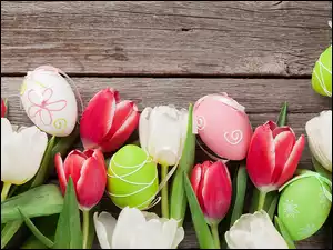 Kolorowe pisanki wśród tulipanów na deskach