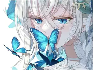 Niebieskie, Dziewczyna, Niebieskie, Anime, Oczy, Motyle