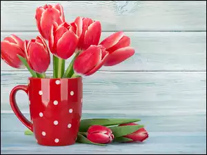 Czerwone tulipany w czerwonym kubku w białe kropki