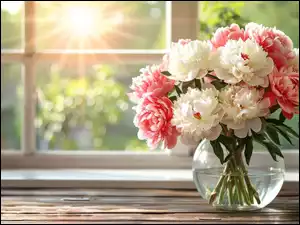 Białe i różowe piwonie w wazonie przy słonecznym oknie