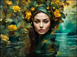 Grafika, Kobieta, Woda, Kwiaty