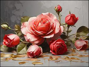 Rozwinięta czerwona róża z pąkami na szarym tle