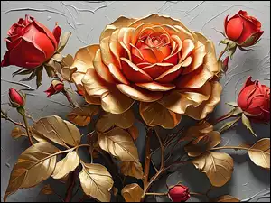 Trzy czerwone i złota róża ze złotymi listkami na szarym tle