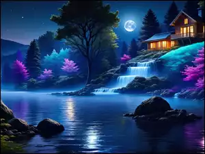 Księżyc nad pięknym miejscem z oświetlonym domem