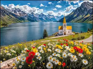 Jezioro, Góry, Kwiaty, Grafika, Kościół, Chmury