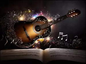 Światło, Grafika, Nuty, Gitara, Muzyka