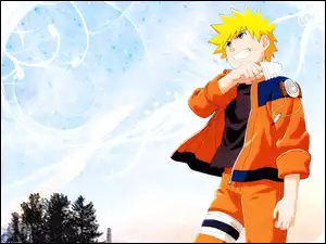 pomarańczowa kurtka, Naruto, opaska na nodze