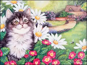 Kot, Rysunek, Kwiaty, Dom
