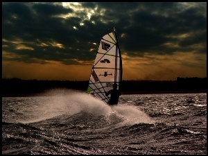 fala Zachód Słońca, Windsurfing, żagiel , deska, morze