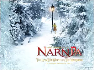 dziewczynka, zima, The Chronicles Of Narnia, napis, latarnia, choinki