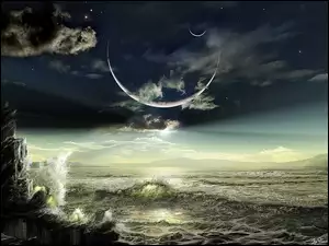 Księżyca, Morze, Noc, Fale, Zaćmienie