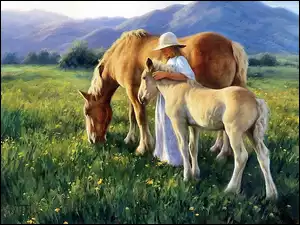 Rysunek, Konie, Kobieta