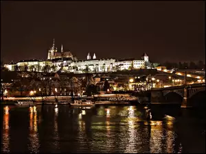 Czechy, Noc, Zamek, Rzeka, Praga