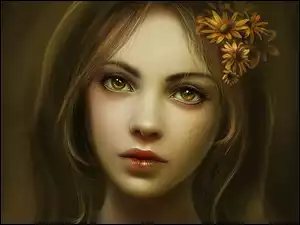 Dziewczyna, Oczy, Kwiaty, Brązowe